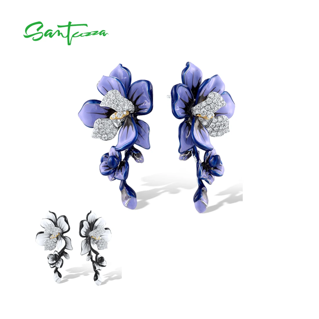 

SANTUZZA Real 925 Sterling Silver Stud Earrings For Women Sparkling Purple & White Enamel Flower Trendy Wedding Fine Jewelry