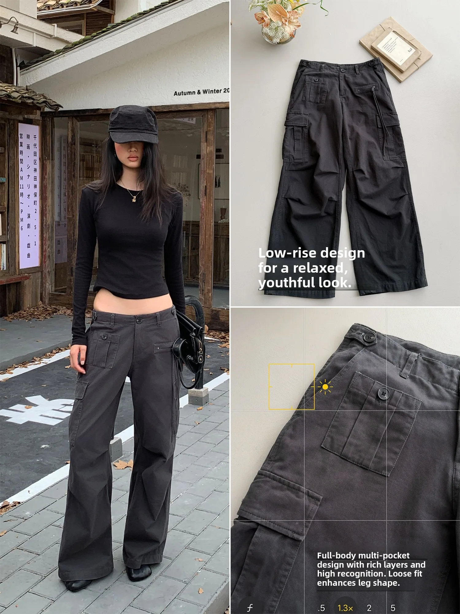 Audwyn Women's Casual Pants Street Style Workwear Flared Legs Multiple Pockets Conceal Fluffy Commute Versatile Long Trousers