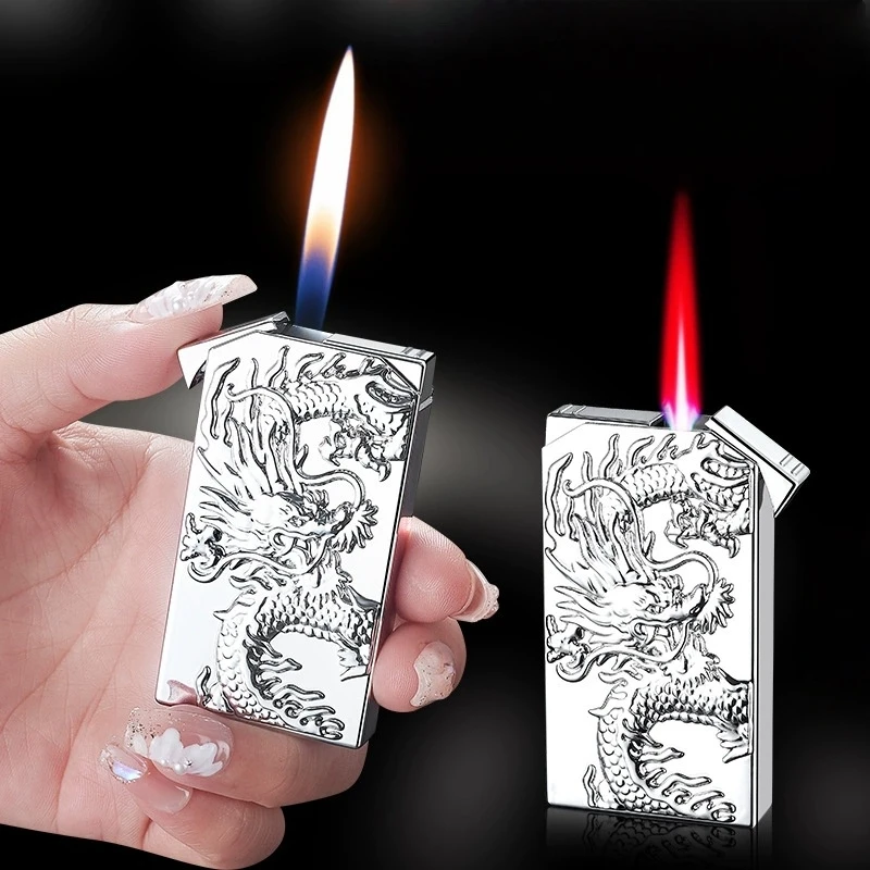 New Relief Dragon Double Fire Switching Lighter Outdoor Windproof Red Flame Direct Spray Open Flame Inflatable Lighter