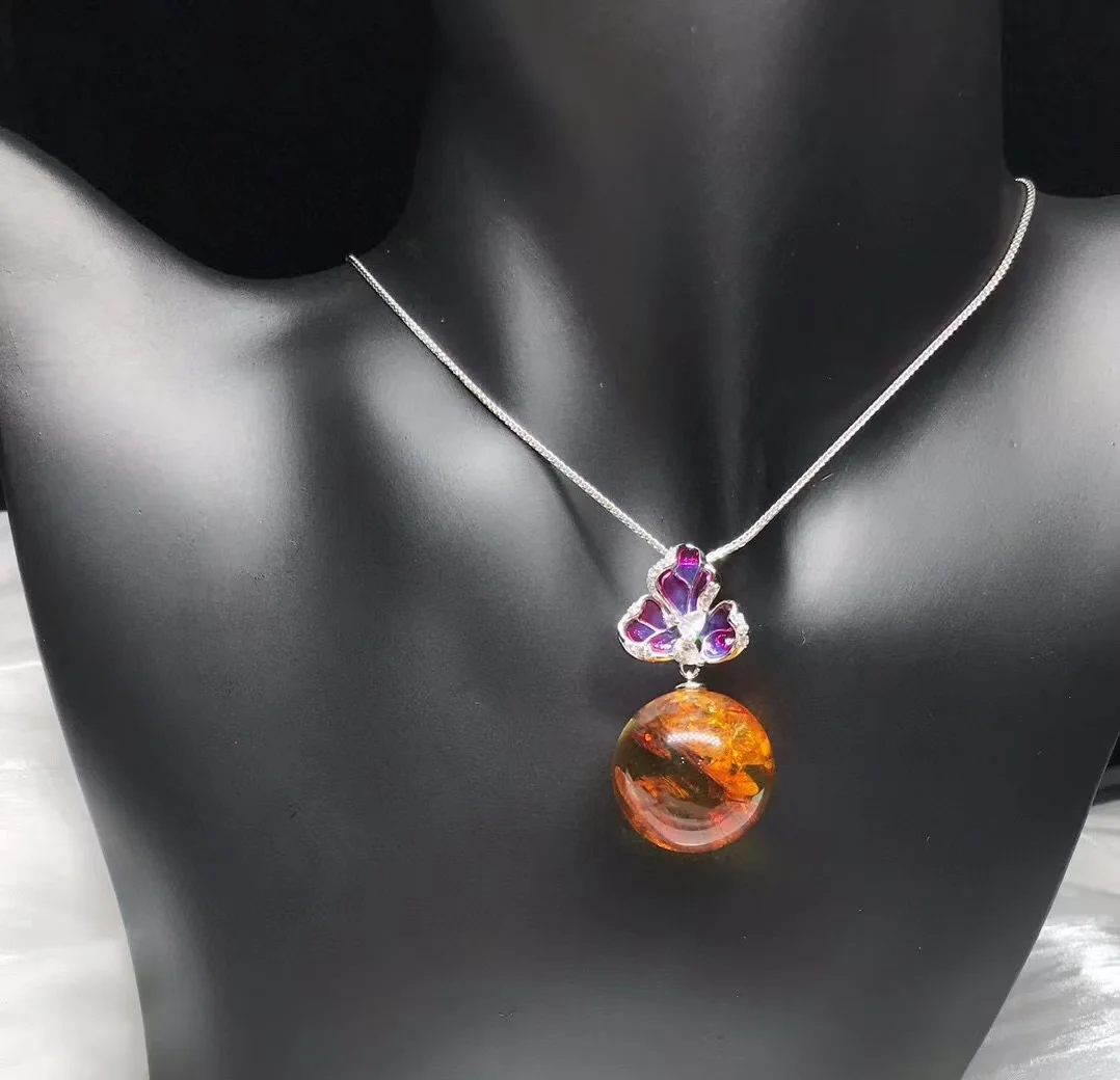 Natural Mexican Blue Amber Pendant 19mm Solid Silver Flower Pearl Necklace Vintage Enamel Clasp Art Nouveau Luxury Jewelry