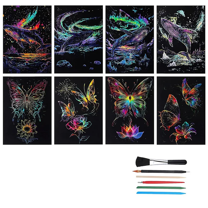 

A33R-Noctilucent Glow In The Dark Rainbow Painting Paper 8 Sheet Scratch Paper With 4 Tools Engraving Landscape Scratchboard