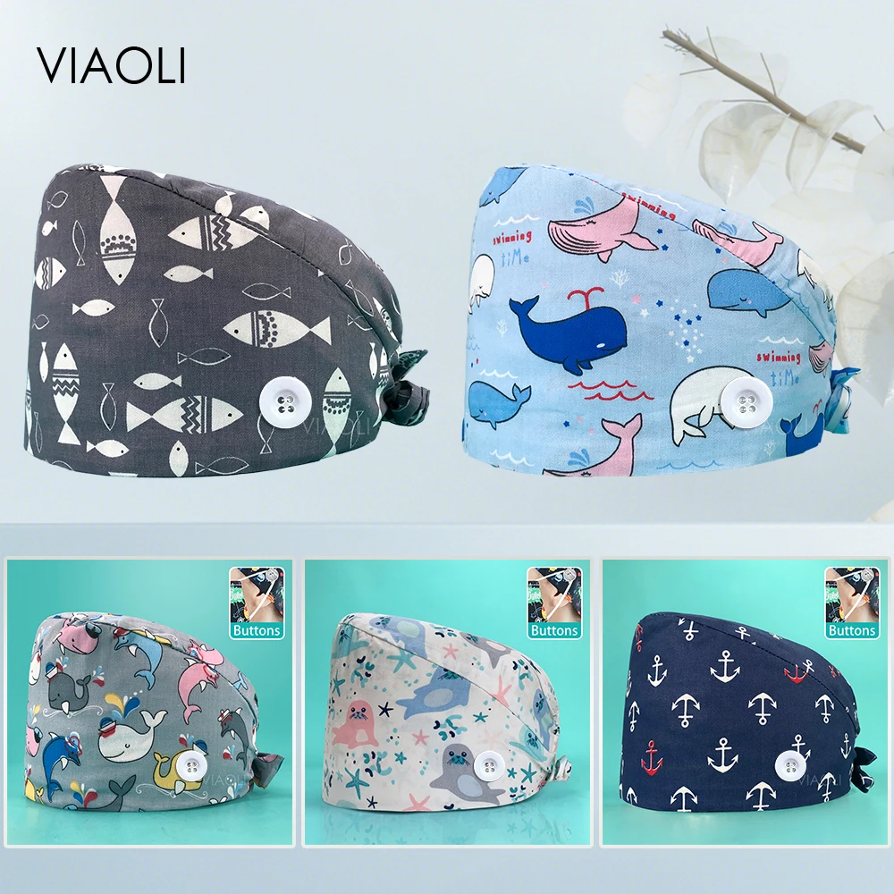 Wholesale Fashion Print Scrub Cap Sweat Absorbent Breathable Doctor Work Hat Casual Unisex Scrub Cap for Women Nurse Accessories