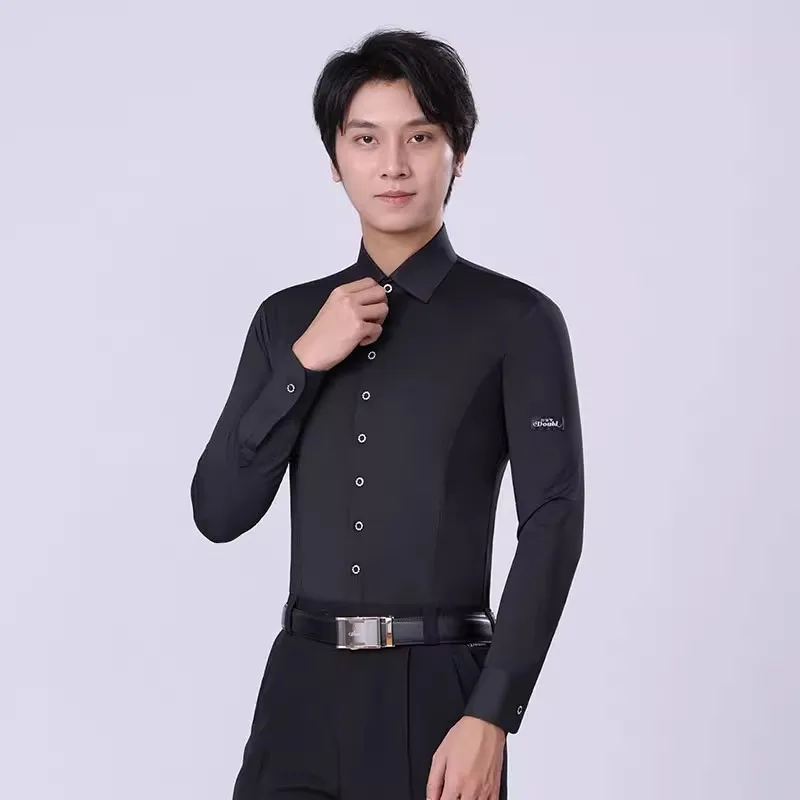 Men\'s Latin Dance Shirt Long Sleeve Black Ballroom Dancing Top Salsa Modern Waltz Tango Dancewear Standard Performance Clothes