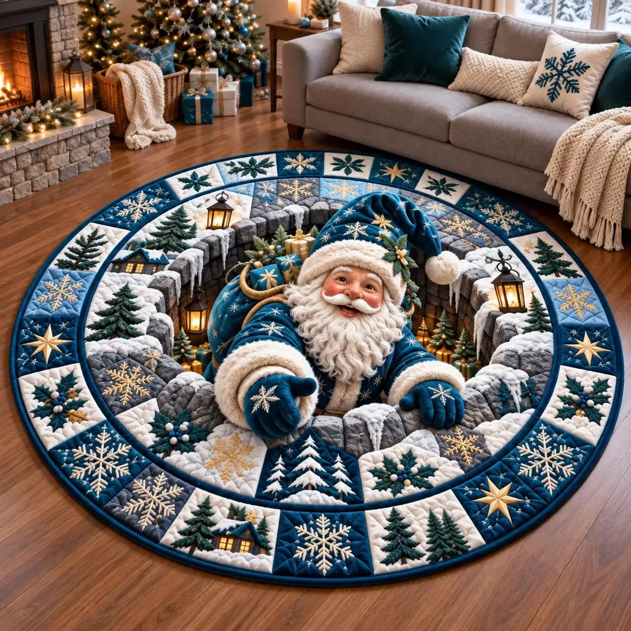Vintage Blue Santa Lantern Christmas Circle rug Floor Mat White Snowflake Rug Luxury Home Living Room Bedroom Entryway Area Rug