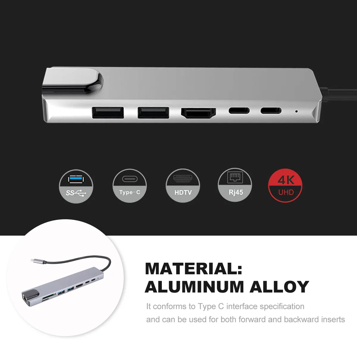 

1Pcs Type C Expansion -in-1 Hub Adapter USB 3.0 Pd Rj45 4K30Hz Network Concentrator Type C to Adapter