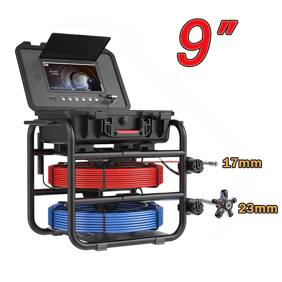 

9″Sewer Pipe Inspection Camera with 17/23mm Dual Cameras/Cables and Self-Leveling 512HZ Locator Drain Industrial Endoscope