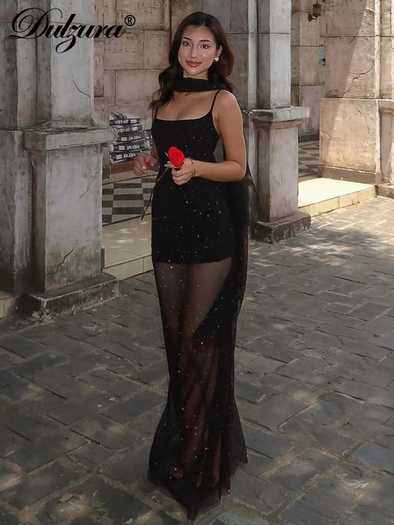 Dulzura Sommer Mode Sexy Backless Schlank Pailletten Schal Sheer Mesh Hosenträger Langes Kleid Frauen Solide Elegante Party Prom Kleidung