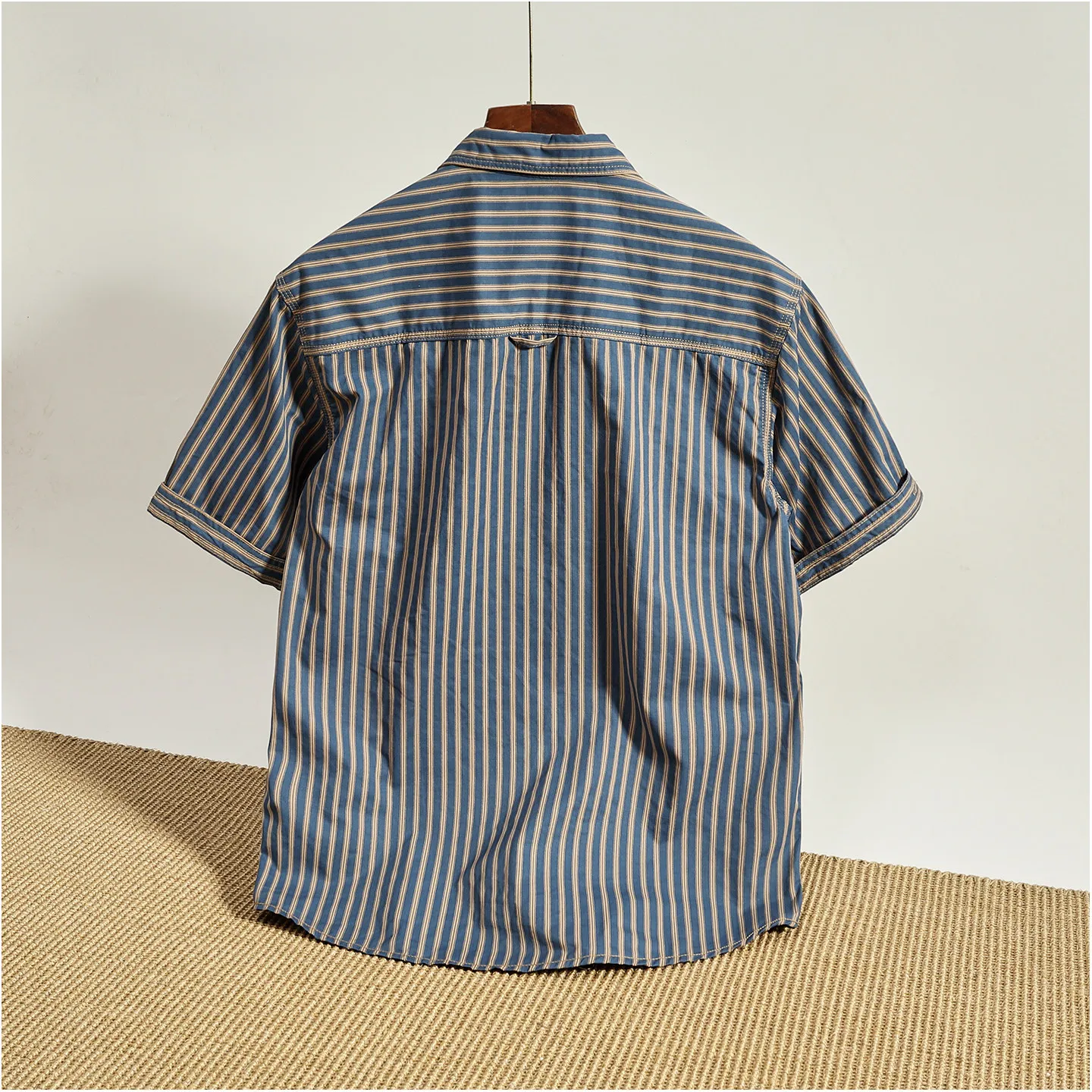 2026 Summer New American Retro Stripe Short-Sleeve Turn-down Collar Shirt Men's Simple Fashion Washed Multi-pocket Casual Blouse