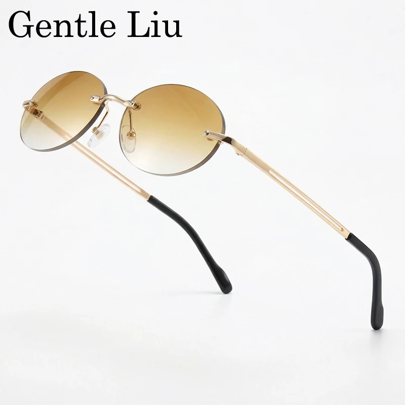 

2026 Trend Small Oval Frame Rimless Sunglasses Men Vintage Y2K Punk Frameless Eyewear Sun Glasses Metal Streetwear Retro Shades