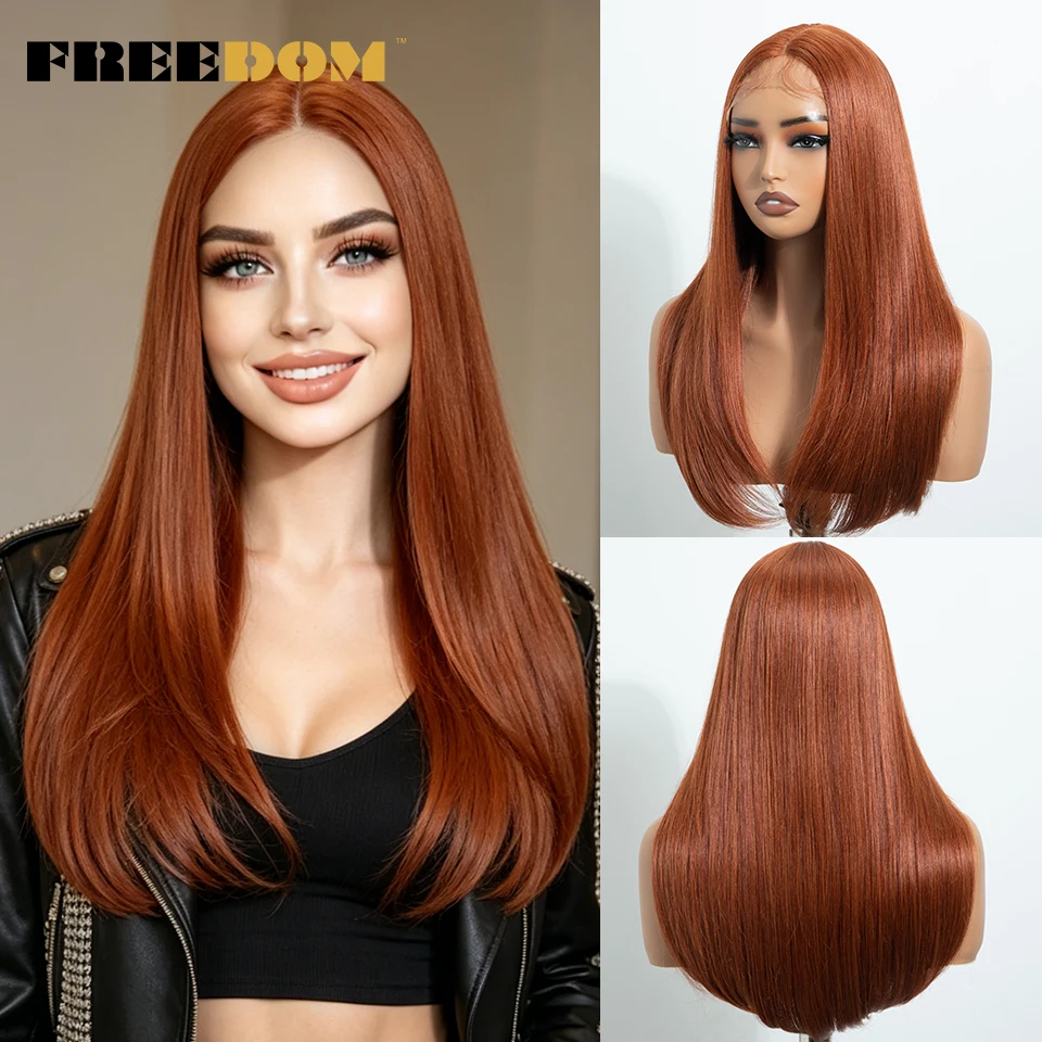 FREEDOM – gerade geschnittene, mehrlagige, synthetische Perücken mit Spitze vorne für Damen, 22 Zoll, mit Mittelscheitel, Ombré-Braun-Blond, ohne Klebstoff, für den täglichen Gebrauch. – Detail 14