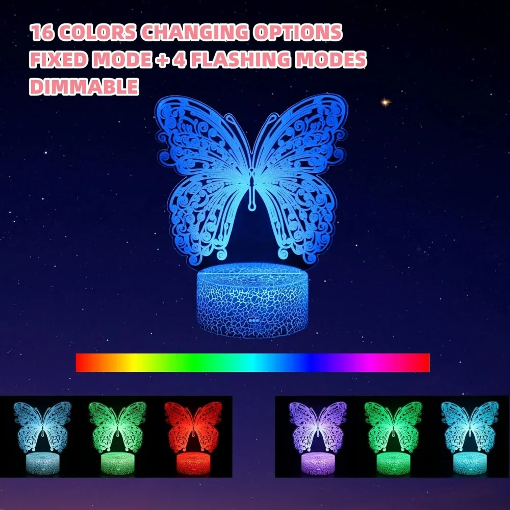 Butterfly Night Light LED 3D Illusion Lamp Colors Changing Room Decor Touch Remote Control Table Lamp Christmas Birthday Gift