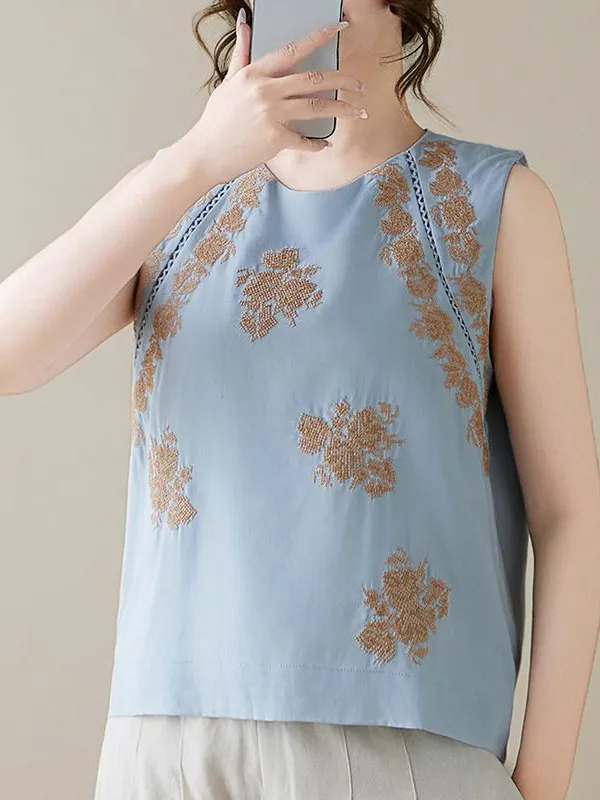 New Chinese Style Embroidered Sleeveless round Neck Thin Vest Shirt Women Summer Lazy Atmosphere Flower Pattern Loose Fit Top