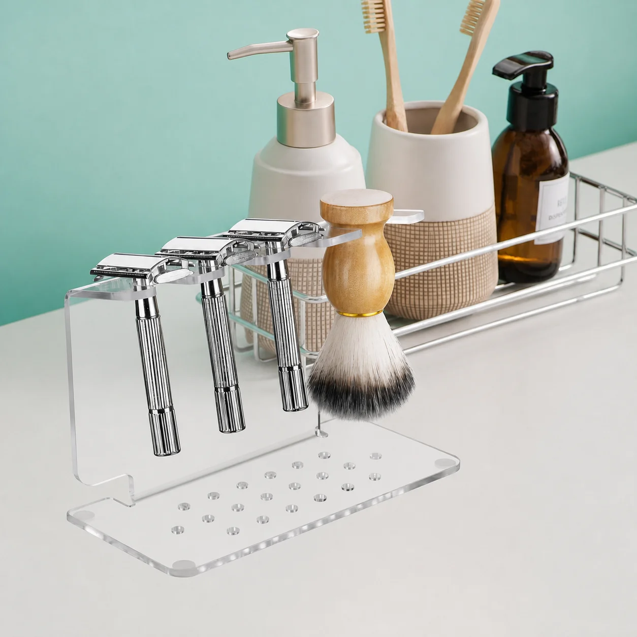 Wall Countertop Storage Clear Razor Rack Shaving Brush Stand Easy To Clean Shaving Razor Holder For Home Washroom Men'S Grooming
