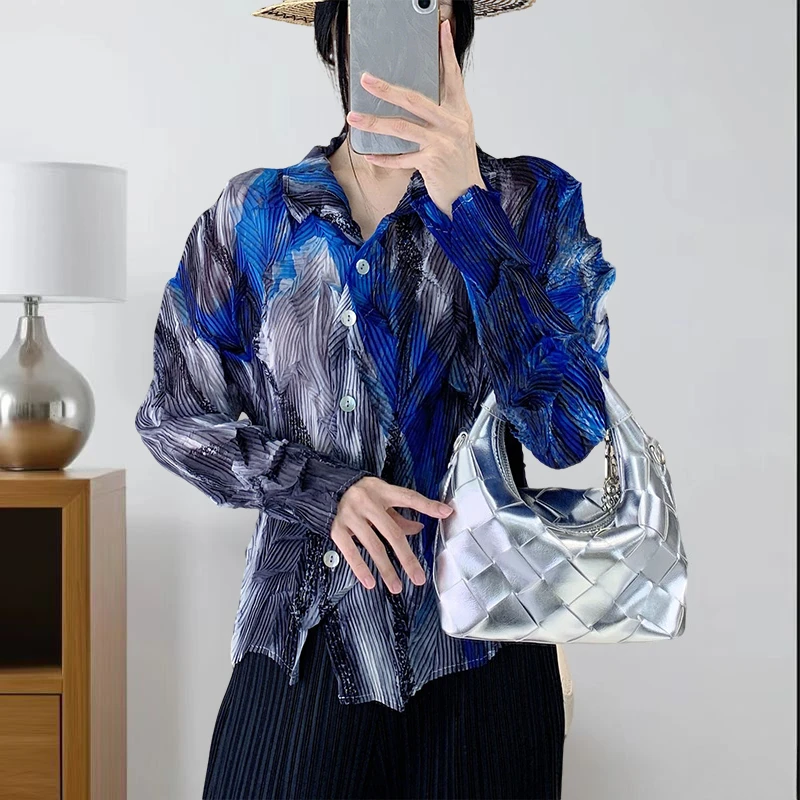 

Miyake Pleats Shirt 2025 Advanced Sense Tie-dye Shirt Female Loose Ink Painting Casual Tops Fall Versatile Commuting Retro Shirt