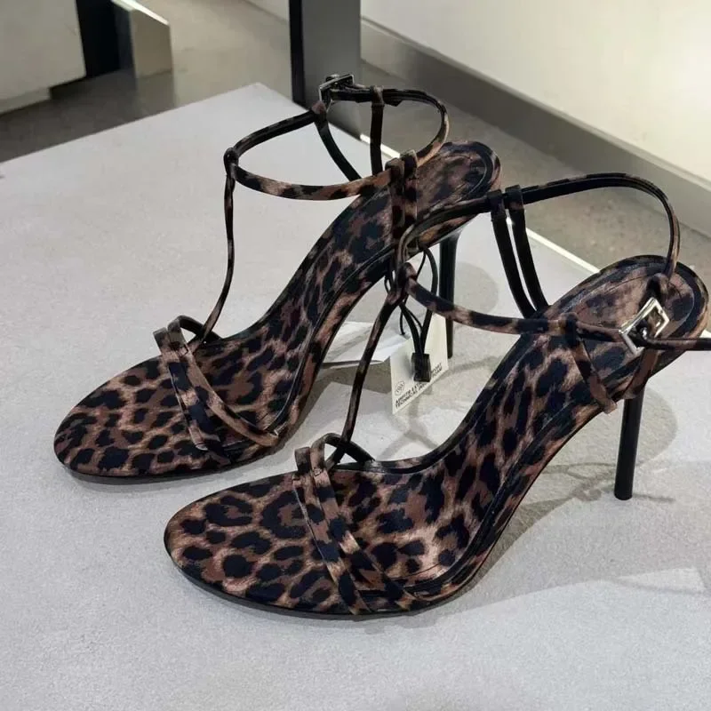 Sexy Leopard Print Open Toe High Heels for Women Elegant Narrow Strap Slingback Heeled Sandals Round Toe Party Dress Woman Shoes