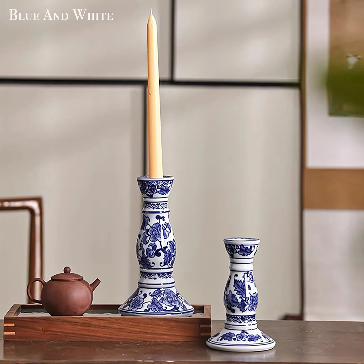 2pc Chinese feng shui traditional blue and white porcelain candle holder ceramics decorative dendritic candle Asian design