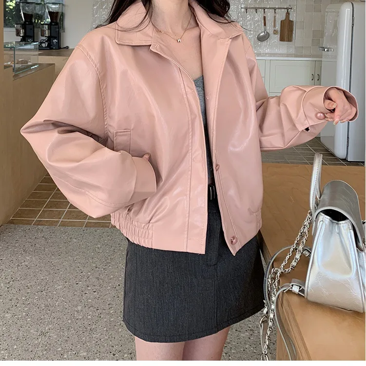 Autumn Korean Pink Leather Jacket Cropped Jacket Women's American Retro High-end Versatile Casual PU Leather Jacket Top