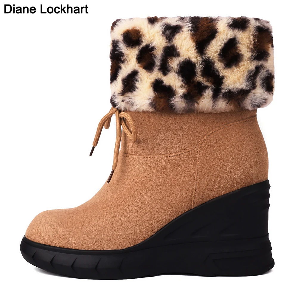 Fur Plush Warm Wedge Boots Women Platform Round Toe Fold Booties Female Casual Winter Leopard Shoes Ladie Lace up Ankle Boots