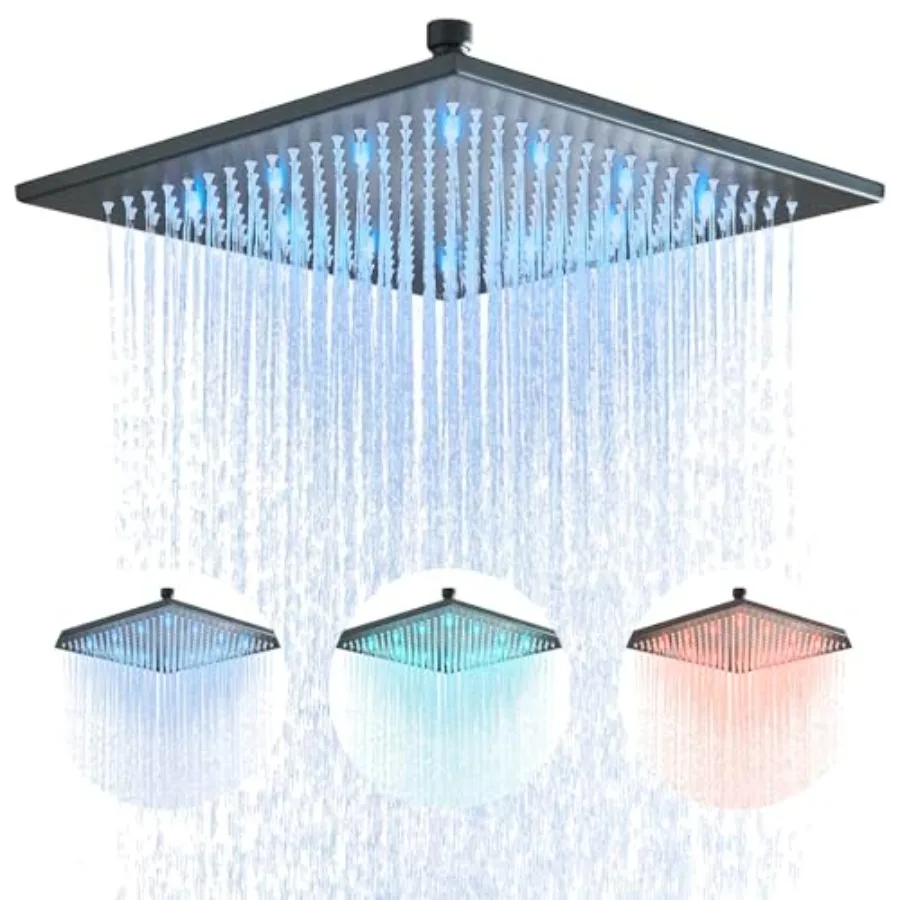 

12 inches Large Square Black LED Rainfall Shower head Brass Overhead Spray Bathroom Shower Head