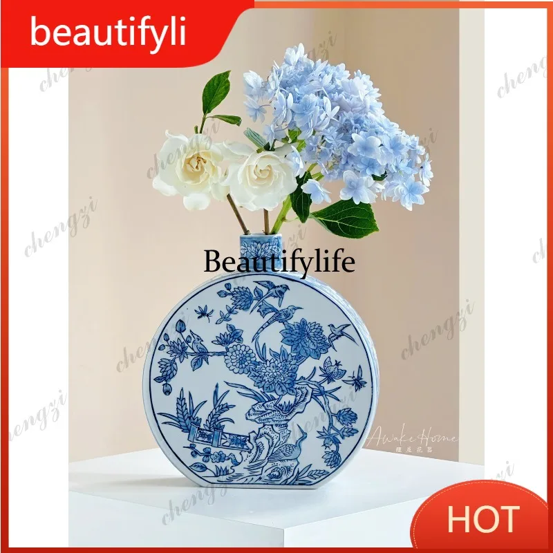 A139 New Chinese retro hand-painted blue and white porcelain ceramic vase Song-style aesthetic flower ware porch ornament