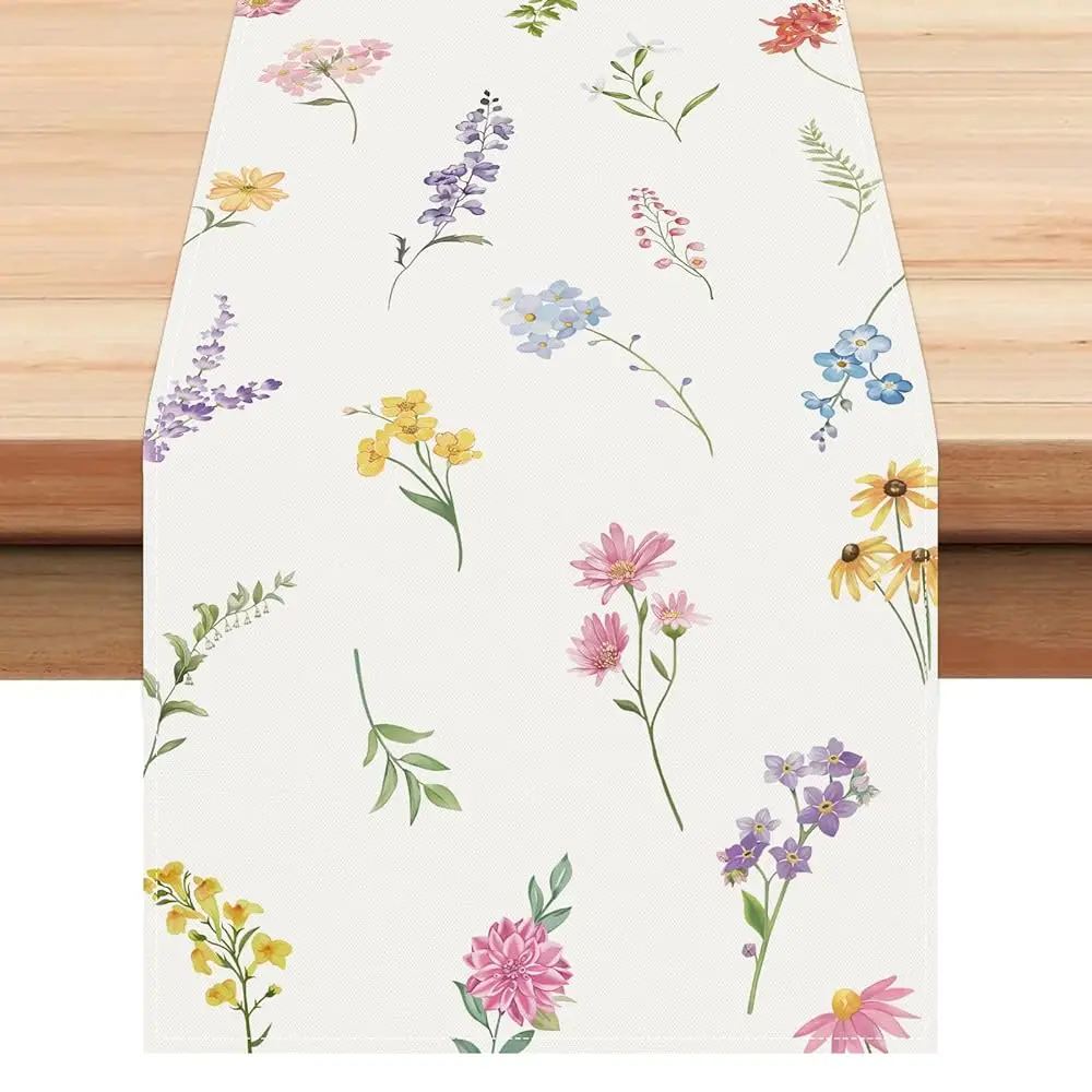 

Весенняя скатерть-дорожка с цветочным узором и листьями, 13x90 дюймов, с яркими полевыми цветами, сезонная, летняя, для кухни и столовой в стиле фермерского дома, декор для стола