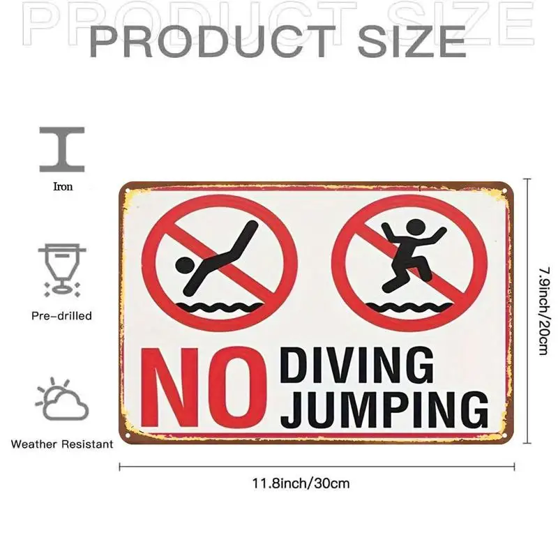 Fun“Diving and jumping are prohibited”Metal tin sign，Pre-drilled holes，Suitable for indoor use、Garden、Outdoor、Family
