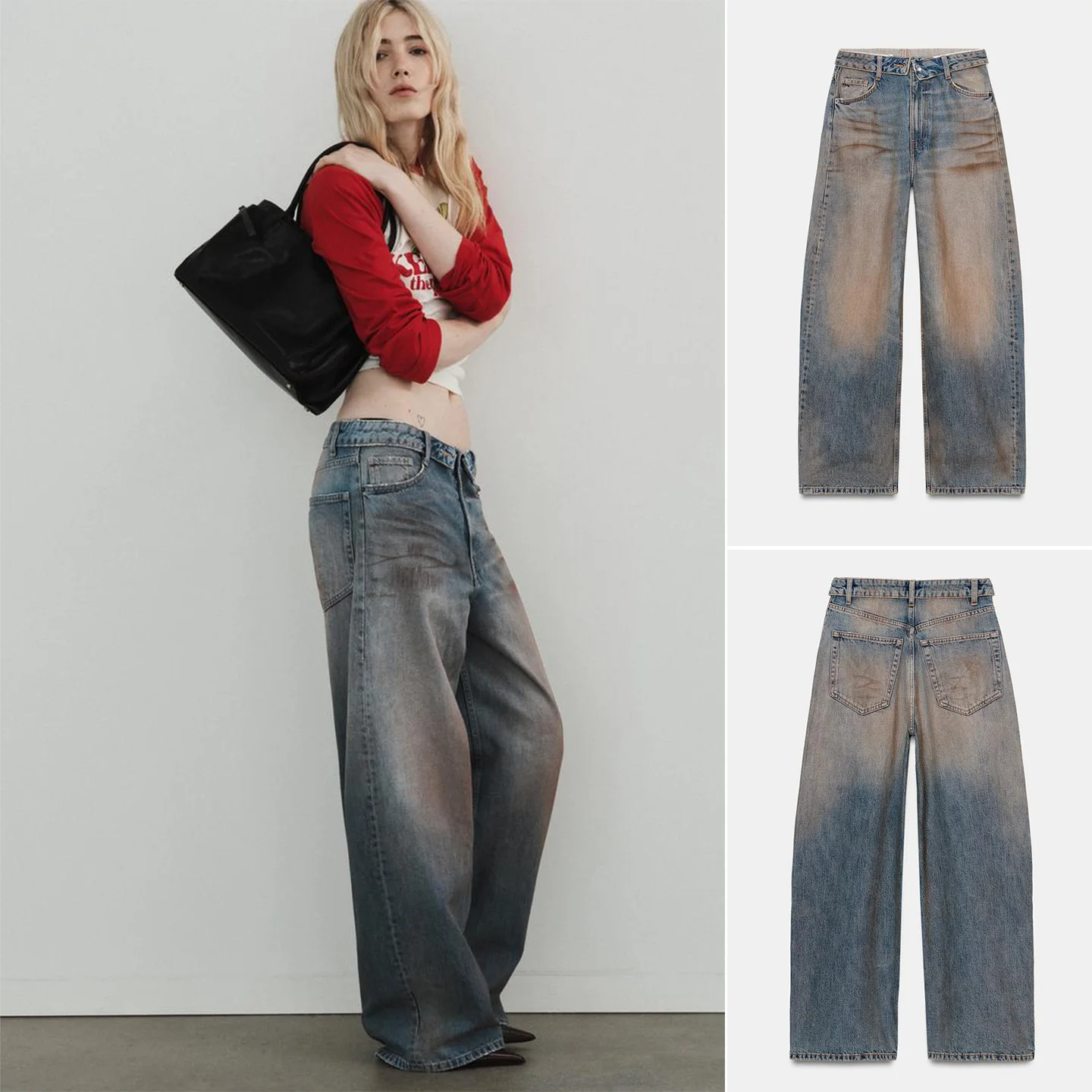 

Spring New Women's Jeans Metal Button Zipper Long Middle Waist Casual Hole Flip Denim Pants Natural Waist Wide Leg Polye...