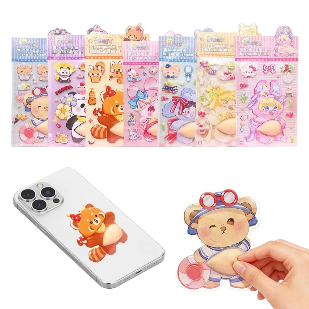 Kids Cute Cartoon Squishy Belly Stickers 3D Puffy Animal Rabbit Panda Stickers Sensory Fidget Toys Stress Relief Adhesive Decals