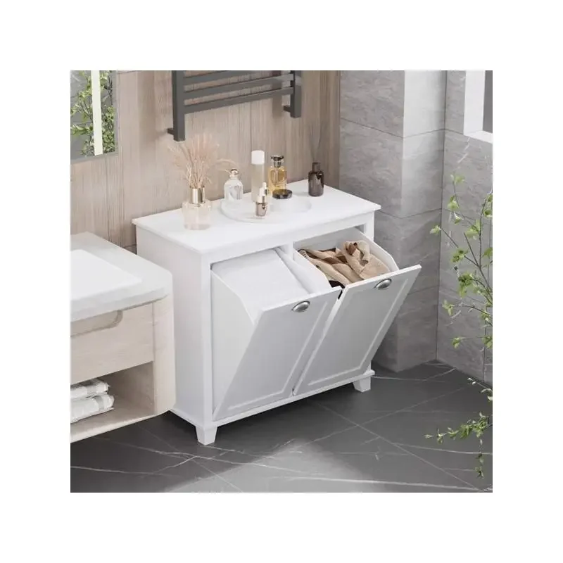 Tilt-Out Laundry Sorter, Bathroom Storage Organizer, White Finish