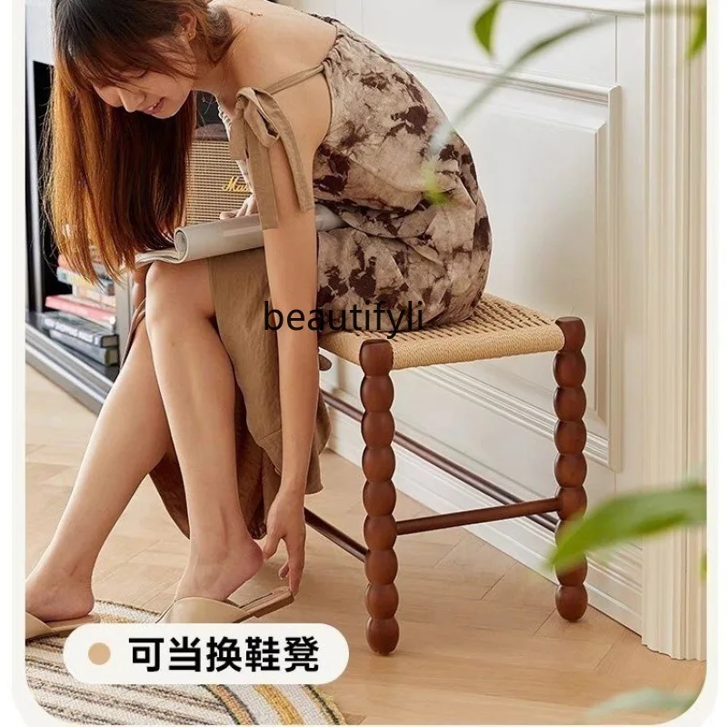 Medieval braided rope solid wood bench creative bedside home entrance retro shoe changing stool