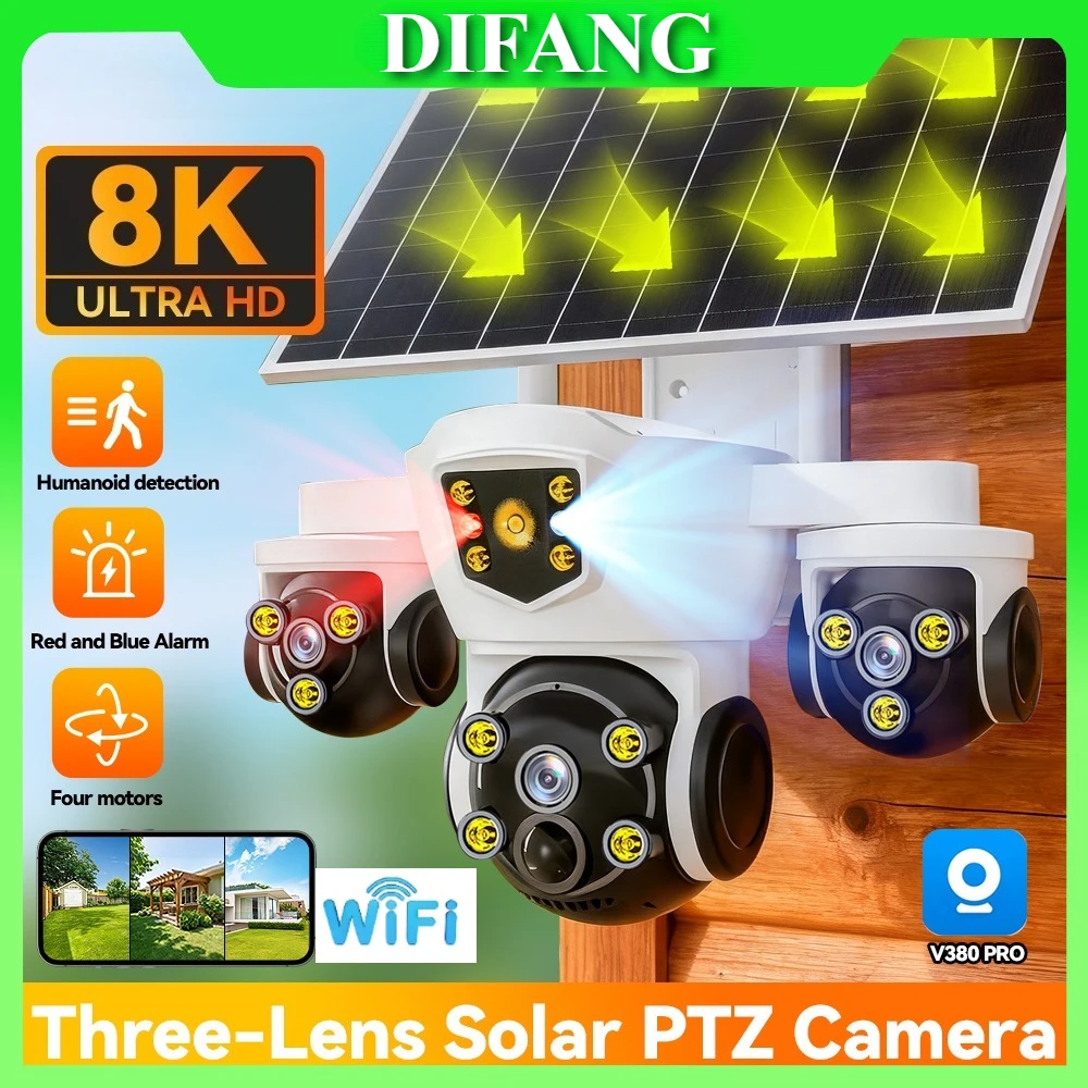 

Solar WiFi Camera Smart 15MP 10X Zoom Triple Screen 4G Wireless Outdoor Solar Security IP Cam Red Blue led Flash Alarm V380 Pro