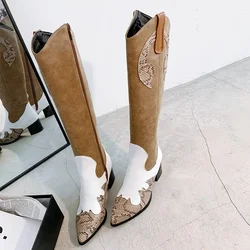 New 2023 Hot Women Snake Print Western Cowgirl Boots Female Pu Leather Patchwork Cowboy Woman Zip High Heel Long Bota Size 44 47