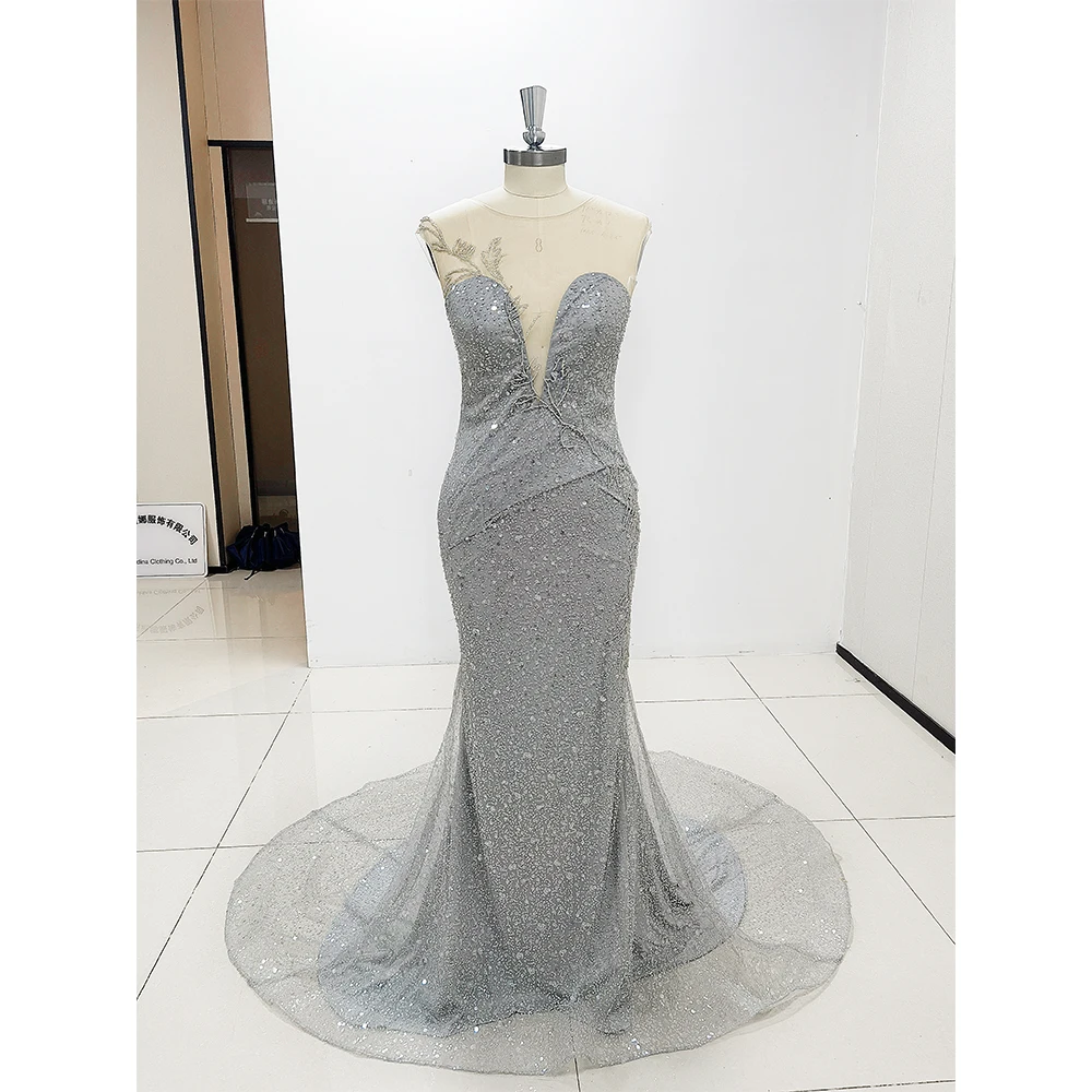 Luxury Silver Crystal Evening Dress 2023Lace Beaded Mermaid Prom Gowns Sheer Neck Elegant vestido de novia