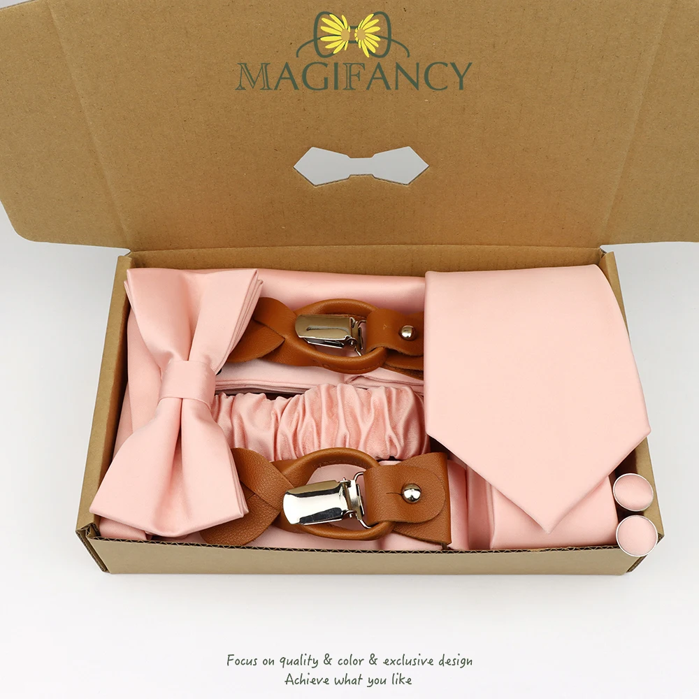 MAGIFANCY 5 قطعة الحمالة 8.5cmTie مجموعة الملونة الصلبة 3.5 سنتيمتر هدفين الرجال البوليستر حكيم السلمون الوردي الزفاف اليومي ملحق هدية