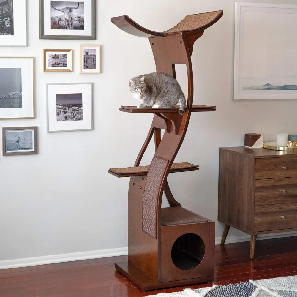 

69 Inch Tall Mahogany Brown Lotus Cat Tower, Multi-Level Modern Cat Tree for Indoor Cats with Scratching Post, Climbing Cat