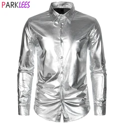 Shiny Silver Metallic Disco Shiny Shirts 2023 New 70's Party Halloween Costume Chemise Homme Stage Performance Dress Shirts 2XL