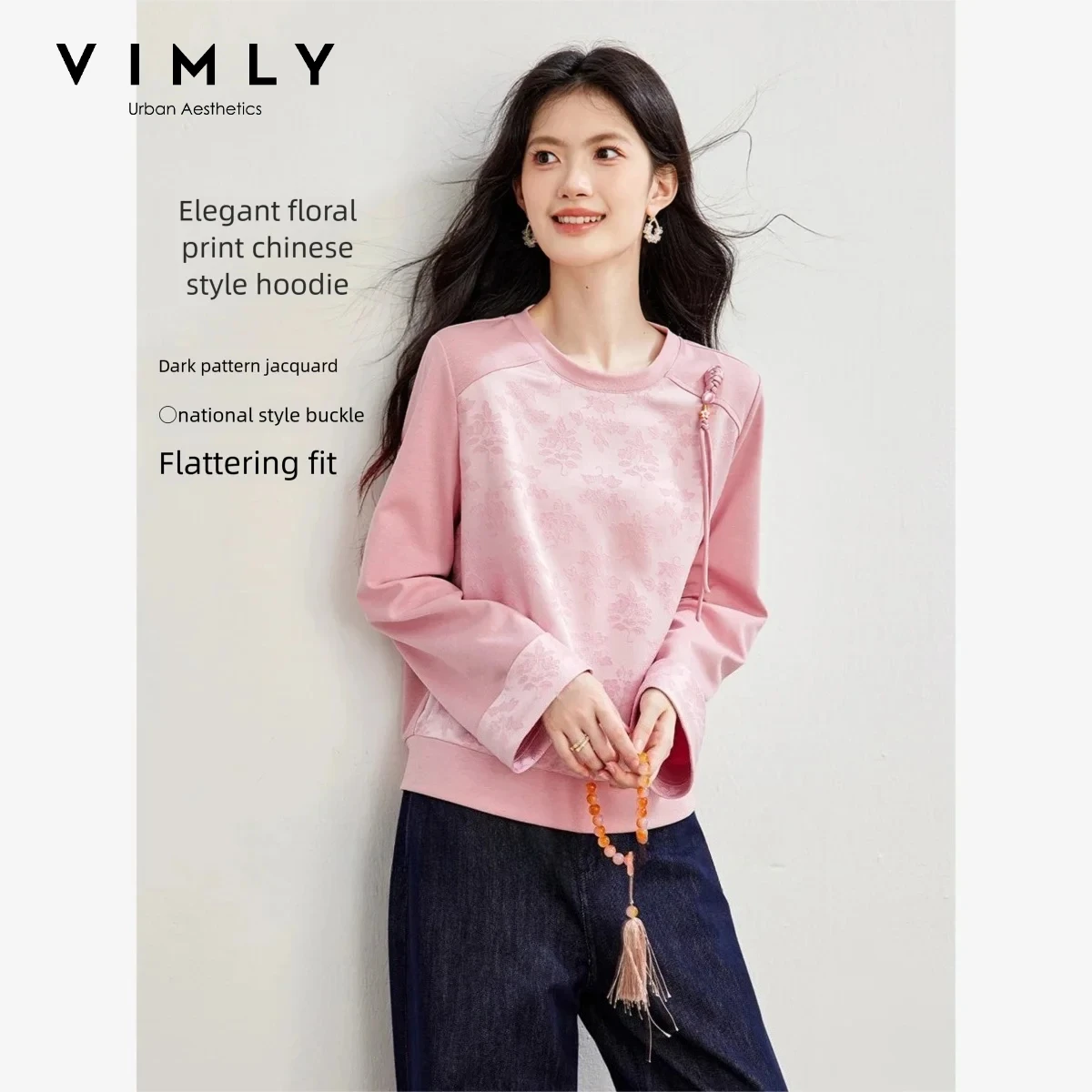 VIMLY Women New Chinese Style Sweatshirt 2026 Fall Pink Round Neck Jacquard Long Sleeve Top Tassel Frog Buttons Pullover A7581