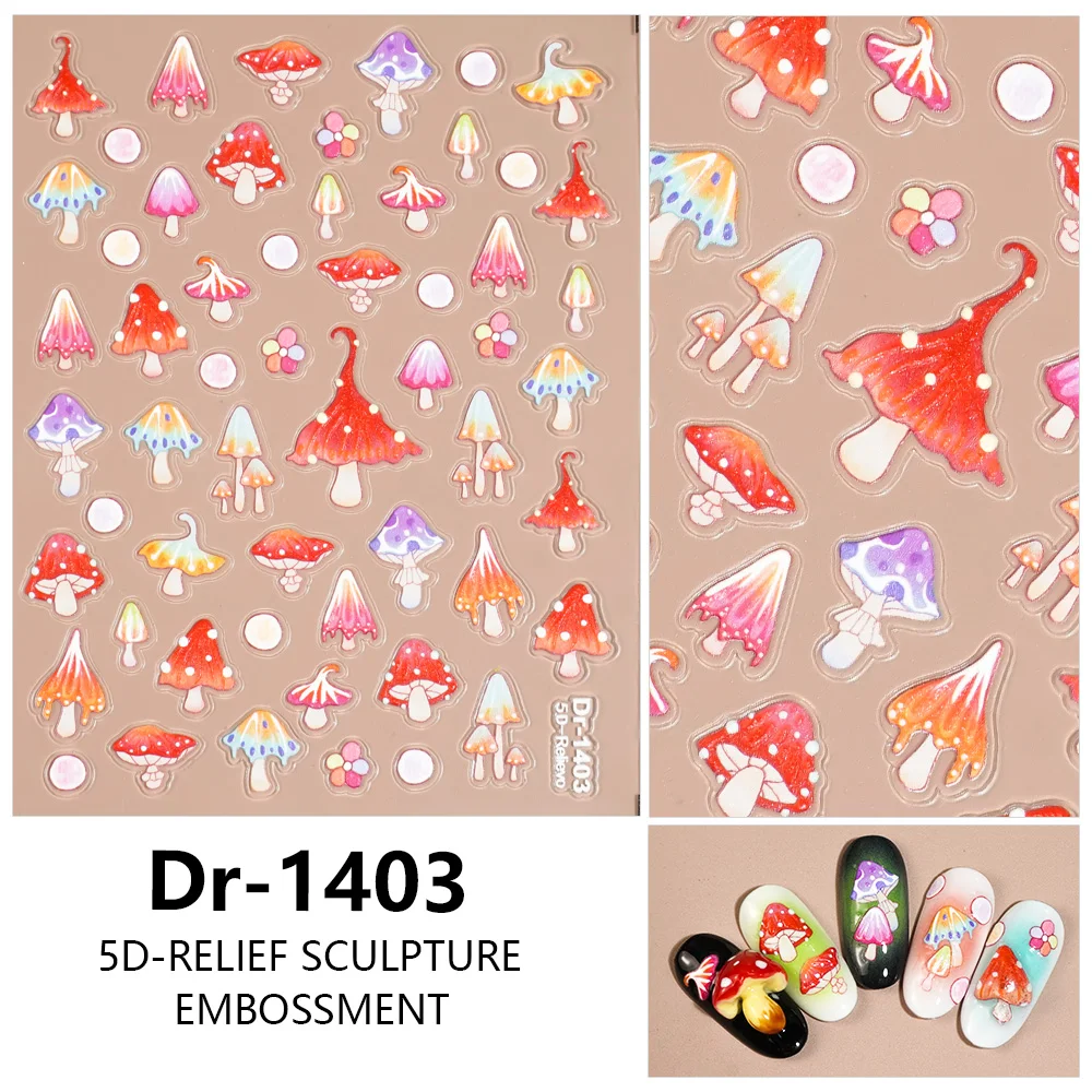 

1/5/10pcs 5D Embossed Nail Stickers Fairy Tale Mushroom Decals Cute Dreamy Style Women DIY Manicure Decorations with Tweezers