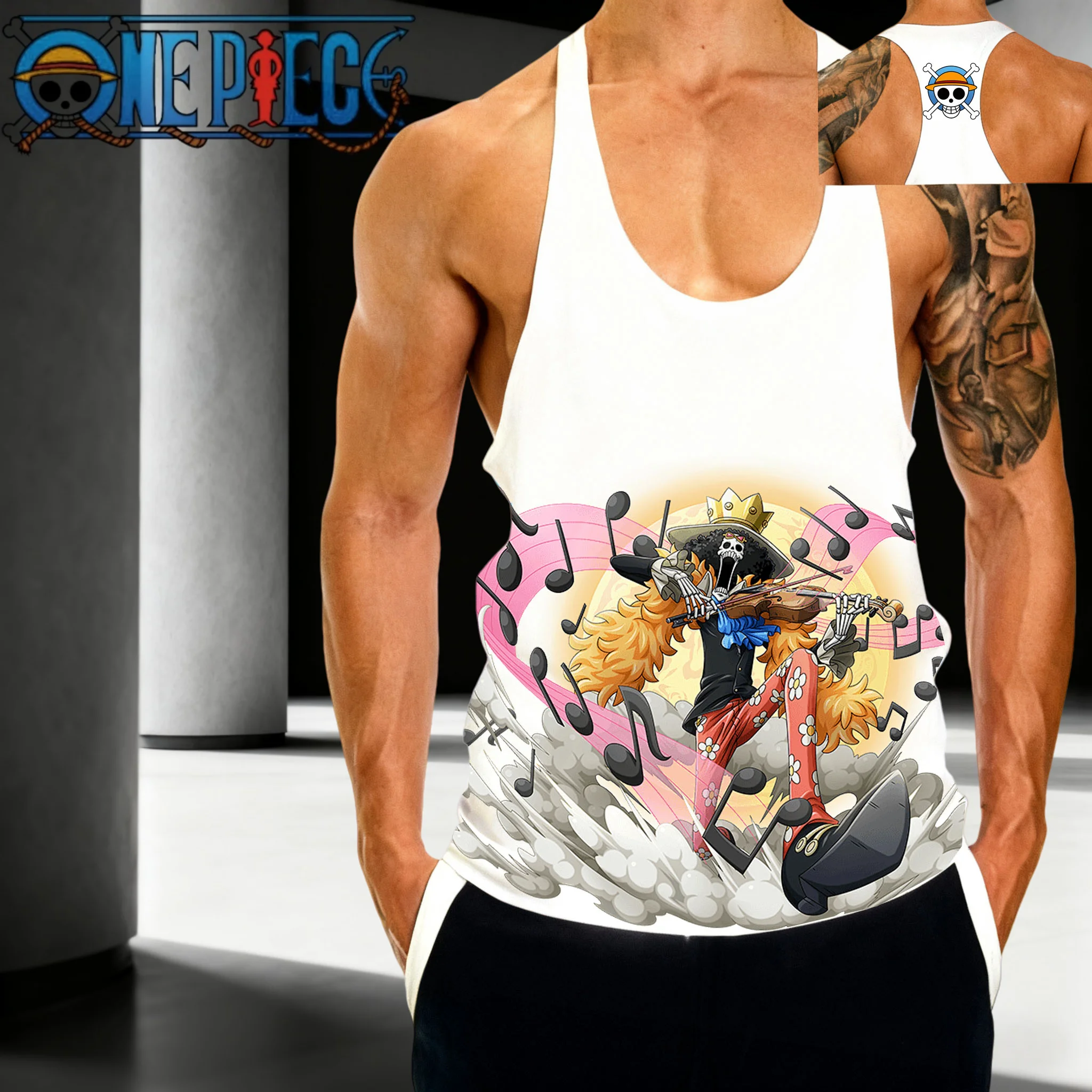 Popular Anime "One Piece" Personaje de anime Patrón Brooke 2025 Verano Nuevos hombres Deportes Fitness Chaleco sin mangas de algodón transpirable