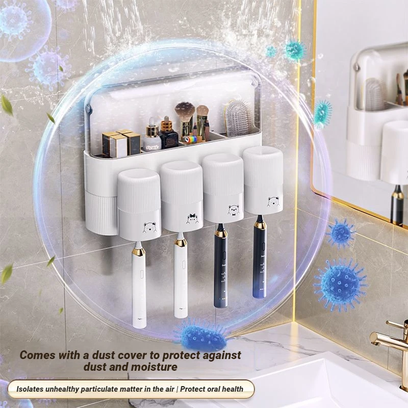 Toothbrush Holder Wall Mounted No Drill Shelf Bathroom Accessories Set With Toothpaste Dispenser Organizer Toothbrush Cups