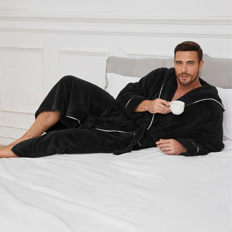 

American-Style Autumn and Winter Soft Cotton Fleece Fashionable and Comfortable Couples' Bathrobe, Men's Warm Robe Sleepwear