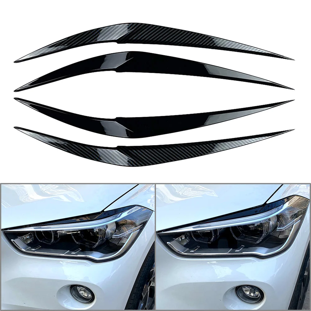 ABS Car Headlight Eyebrow Eyelid Cover Decor Trim For BMW X1 F48 2016 2017 2018 2019 2020 Carbon Fiber/Glossy Black