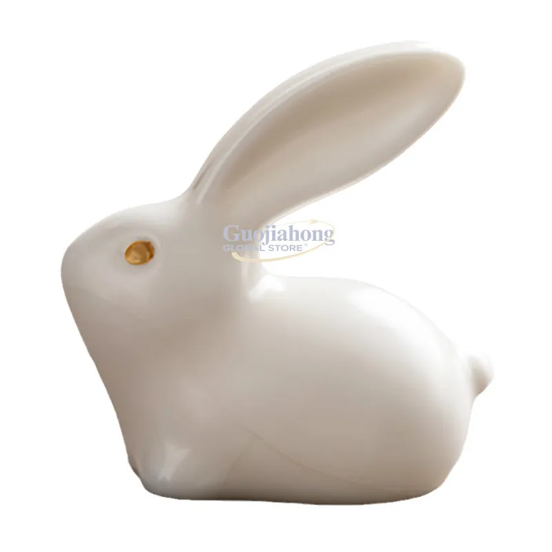 White Jade Ru Kiln Jade Rabbit Small Ornament | Retro Open Ru Porcelain  Pet  Room Table Jewelry Ceramic Little