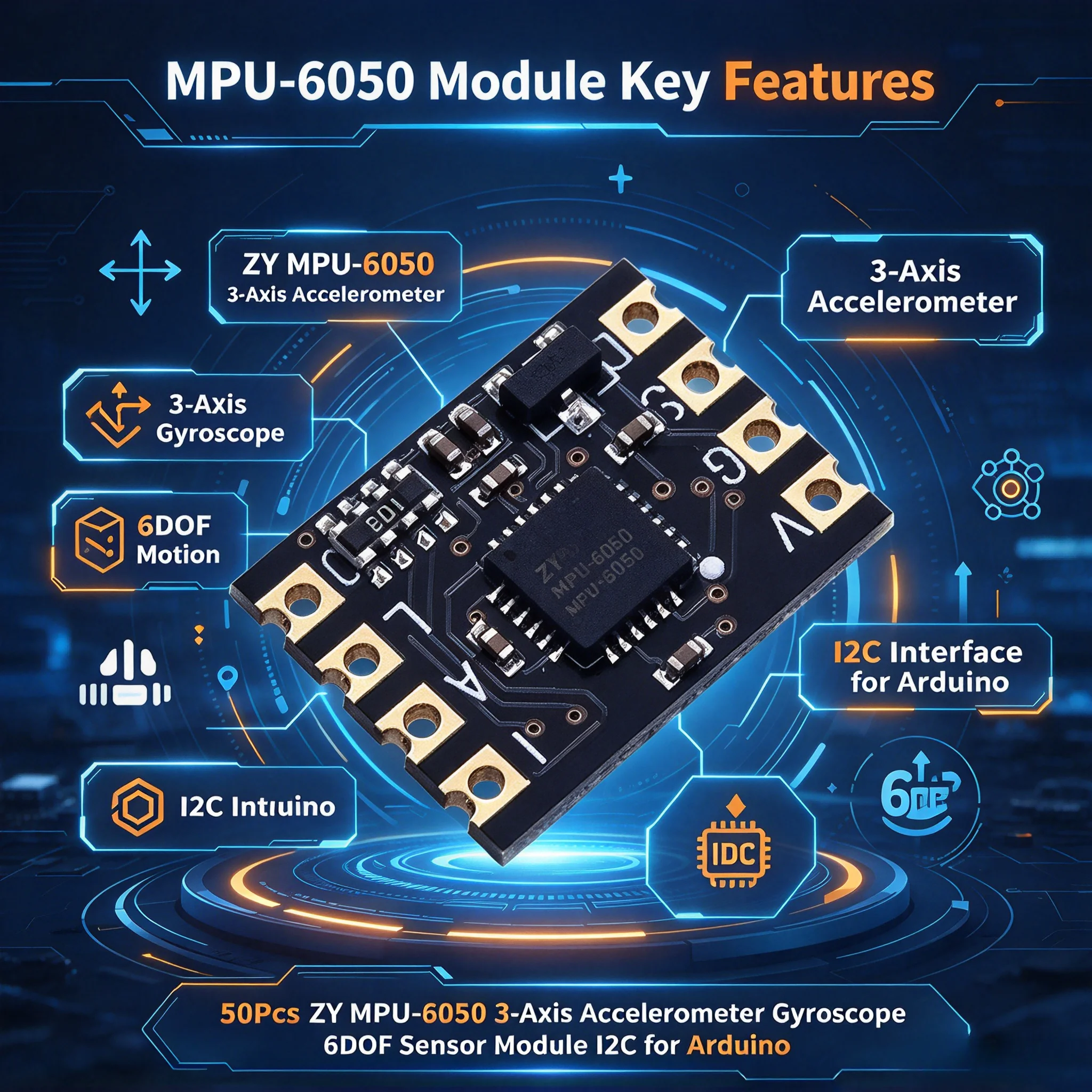 50Pcs 6DOF ZY MPU-6050 3-Axis Accelerometer Gyroscope Sensor Module I2C Arduino