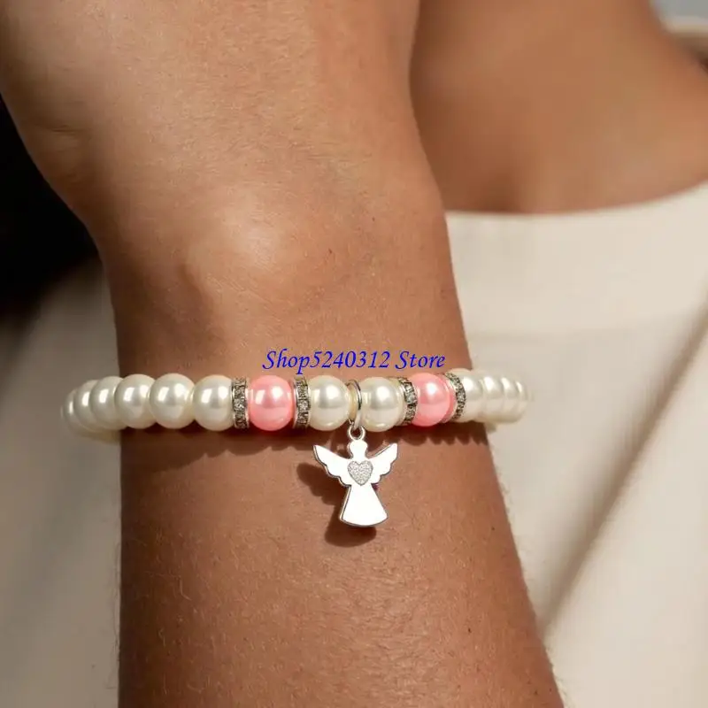 634C Girls Holy Communion Gift Set Angel Wing Crosses Bracelet With Genuine Pearls Decorative Angel Crosses Bracelet Charm