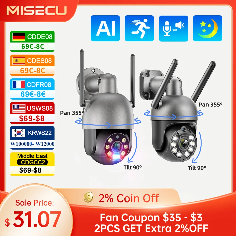 MISECU 2K 4K UHD 8MP WIFI Smart AI Camera Two-way Conversation Human Detection Red-Blue Light Alarm Outdoor Security IP Camera