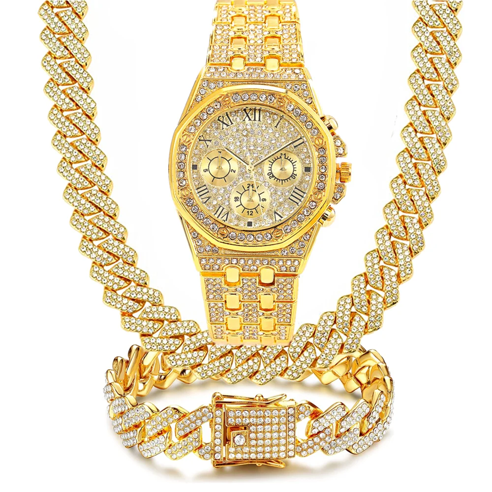 Classic Top Brand 3PCS Fashion Jewelry Set 15MM Bling Iced Out Cuban Necklace Watch Bracelet For Women Holiday Birthday Gifts