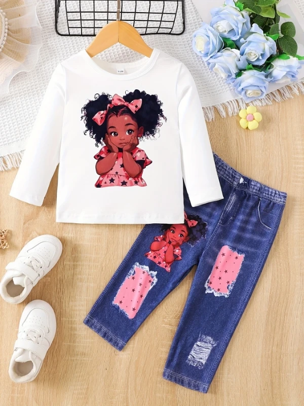 Kids 2 Piece Outfit Cartoon Pigtail Girl Printed Top + Pink Star Patch Jeans Toddler Girl Clothes Set Fashion Children’s Wear