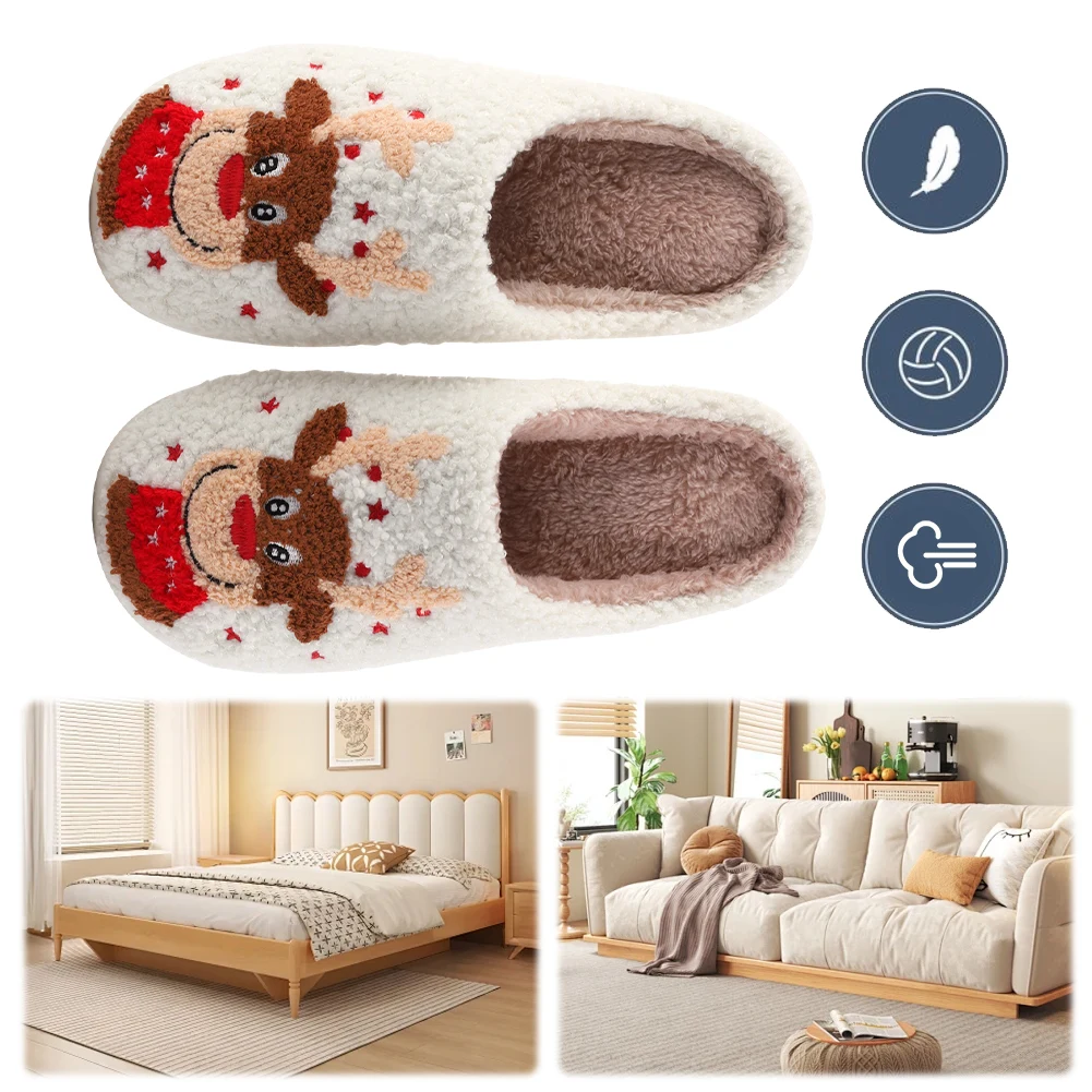 Christmas Elk Plush Slippers Comfortable Flat Thermal Slippers Fluffy Home Slippers Cartoon Elk Star Slippers for Indoor Bedroom