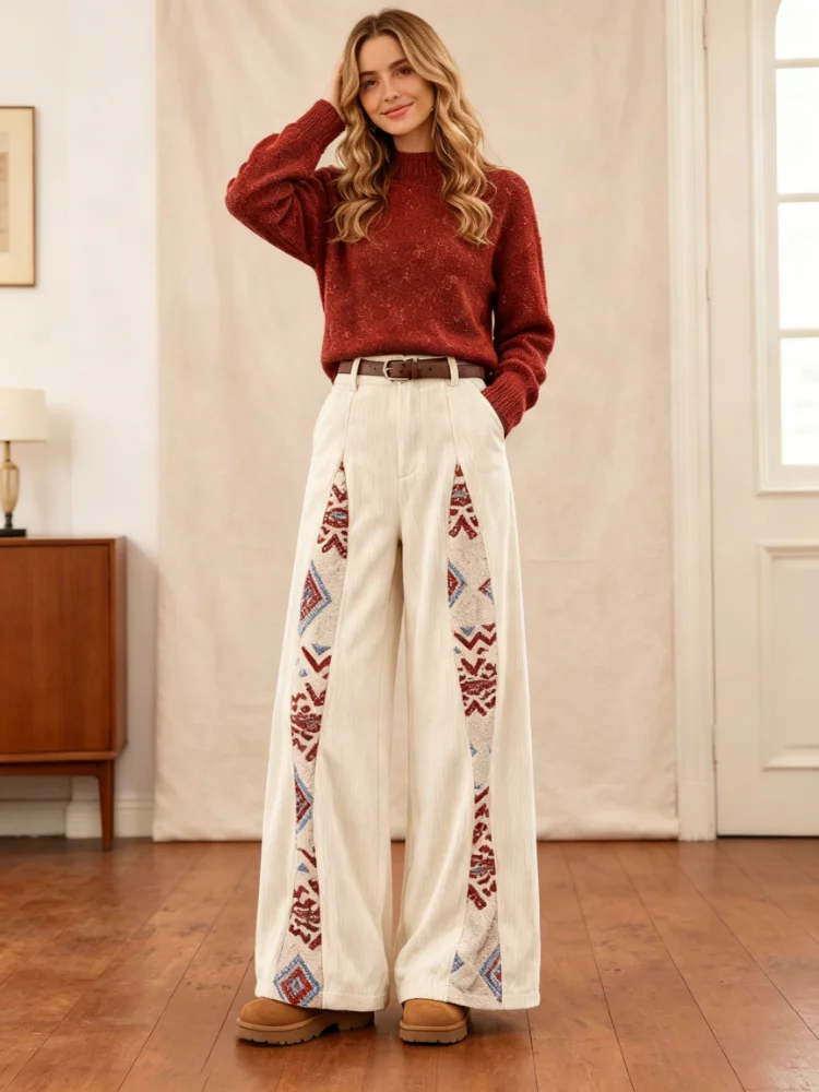 Women's Corduroy Patch Pants - Featuring a Retro High-Waist Design, Soft and Thick Fabric, with Ethnic-Style Floral Side Patterns. Perfect for Casual Wear in Autumn and Winter.